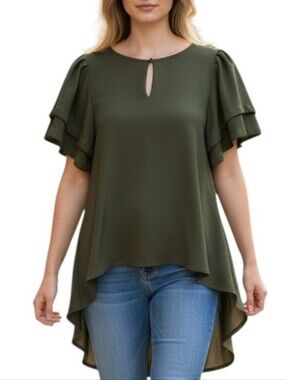 Ups & Downs Hunter Green High Low Ruffle Sleeve Blouse